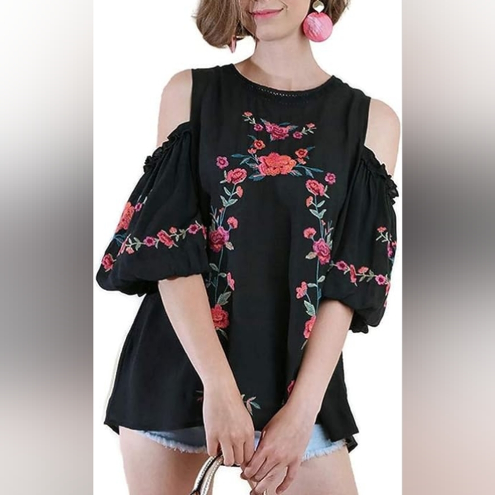 UMGEE Floral Rose Embroidered Cold Shoulder Short Puff Sleeve Top EUC - Picture 15 of 16